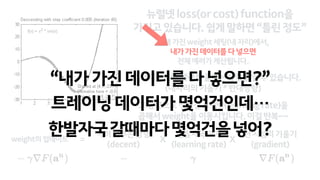 현재가진weight세팅(내자리)에서,
내가가진데이터를다넣으면
전체에러가계산됩니다.
현지점의기울기 
(gradient)
에러낮추는방향 
(decent)
한발자국크기 
(learningrate)
거기서미분하면에러를줄이는방향을알수있습니다. 
(내자리의기울기*반대방향)
그방향으로정해진스텝량(learningrate)을
곱해서weight을이동시킵니다.이걸반복~~
XXweight의업데이트 =
“내가가진데이터를다넣으면?”
트레이닝데이터가몇억건인데…
한발자국갈때마다몇억건을넣어?
뉴럴넷loss(orcost)function을 
가지고있습니다.쉽게말하면“틀린정도”
 