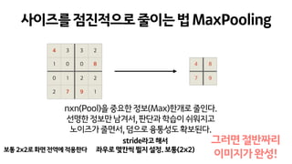 사이즈를점진적으로줄이는법MaxPooling
nxn(Pool)을중요한정보(Max)한개로줄인다.
선명한정보만남겨서,판단과학습이쉬워지고 
노이즈가줄면서,덤으로융통성도확보된다.
4 3 3 2
1 0 0 8
0 1 2 2
2 7 9 1
4 8
7 9
보통2x2로화면전역에적용한다
stride라고해서 
좌우로몇칸씩뛸지설정.보통(2x2)
그러면절반짜리 
이미지가완성!
 