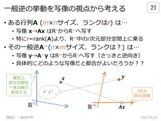一般逆の挙動を写像の視点から考える
• ある行列A (m×nサイズ、ランクはr) は…
• 写像 x→Ax はRnからRmへ写す
• 特にr=rank(A)より、Rm中のr次元部分空間上に乗る
• その一般逆A－(n×mサイズ、ランクは？) は…
• 写像 y→A－y はRmからRnへ写す（さっきと逆向き）
• 具体的にどのような写像だと都合がよいだろうか？？
2017/9/12【解説】 一般逆行列
21
ℝ 𝑛
ℝ 𝑚
𝒙
𝑨𝒙
𝒚
𝑨− 𝒚? r次元
部分空間
便宜上
部分空間を
一本の軸で
表現する
 