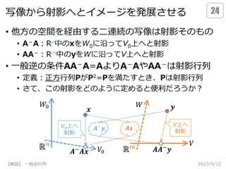 𝑨𝒙𝑨− 𝒚
写像から射影へとイメージを発展させる
• 他方の空間を経由する二連続の写像は射影そのもの
• A－A：Rn中のxをW0に沿ってV0上へと射影
• AA－：Rm中のyをWに沿ってV上へと射影
• 一般逆の条件AA－A=AよりA－AやAA－は射影行列
• 定義：正方行列PがP2=Pを満たすとき、Pは射影行列
• さて、この射影をどのように定めると便利だろうか？
2017/9/12【解説】 一般逆行列
24
ℝ 𝑛
ℝ 𝑚 𝑨𝑨− 𝒚
𝒚
𝑉0
𝑉
𝑊𝑊0
V上へ
射影
𝒙
𝑨− 𝑨𝒙
V0上へ
射影
 