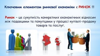 Ключовим елементом ринкової економіки є РИНОК !!!
Ринок – це сукупність конкретних економічних відносин
між подавцями та покупцями у процесі купівлі-продажу
товарів та послуг.
Іващенко М.М.
 