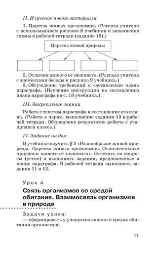 11
II. Изучение нового материала
1. Царства живых организмов. (Рассказ учителя
с использованием рисунка 8 учебника и заполнение
схемы в рабочей тетради (задание 10).)
2. Отличия живого от неживого. (Рассказ учителя
с элементами беседы и рисунка 9 учебника.)
3. Обсуждение требований к составлению плана
параграфа. (Изучение инструкции по составлению
плана параграфа на с. 18 учебника.)
III. Закрепление знаний
Работа с текстом параграфа и составление его пла-
на. (Работа в парах, выполнение задания 13 в рабо-
чей тетради. Обсуждение результатов работы с уча-
щимися класса.)
IV. Задание на дом
В учебнике изучить § 3 «Разнообразие живой при-
роды. Царства живых организмов. Отличительные
признаки живого от неживого». Ответить на вопро-
сы (устно) и выполнить задания, предложенные в
конце параграфа. В рабочей тетради выполнить за-
дания 11 и 12.
У р о к 4
Связь организмов со средой
обитания. Взаимосвязь организмов
в природе
З а д а ч и у р о к а :
— сформировать у учащихся знания о средах оби-
тания организмов;
Царства живой природы
 