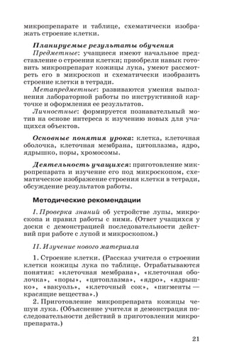 21
микропрепарате и таблице, схематически изобра-
жать строение клетки.
Планируемые результаты обучения
Предметные: учащиеся имеют начальное пред-
ставление о строении клетки; приобрели навык гото-
вить микропрепарат кожицы лука, умеют рассмот-
реть его в микроскоп и схематически изобразить
строение клетки в тетради.
Метапредметные: развиваются умения выпол-
нения лабораторной работы по инструктивной кар-
точке и оформления ее результатов.
Личностные: формируется познавательный мо-
тив на основе интереса к изучению новых для уча-
щихся объектов.
Основные понятия урока: клетка, клеточная
оболочка, клеточная мембрана, цитоплазма, ядро,
ядрышко, поры, хромосомы.
Деятельность учащихся: приготовление мик-
ропрепарата и изучение его под микроскопом, схе-
матическое изображение строения клетки в тетради,
обсуждение результатов работы.
Методические рекомендации
I. Проверка знаний об устройстве лупы, микро-
скопа и правил работы с ними. (Ответ учащихся у
доски с демонстрацией последовательности дейст-
вий при работе с лупой и микроскопом.)
II. Изучение нового материала
1. Строение клетки. (Рассказ учителя о строении
клетки кожицы лука по таблице. Отрабатываются
понятия: «клеточная мембрана», «клеточная обо-
лочка», «поры», «цитоплазма», «ядро», «ядрыш-
ко», «вакуоль», «клеточный сок», «пигменты —
красящие вещества».)
2. Приготовление микропрепарата кожицы че-
шуи лука. (Объяснение учителя и демонстрация по-
следовательности действий в приготовлении микро-
препарата.)
 