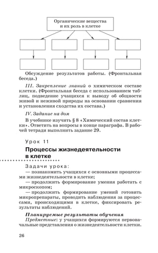 26
Обсуждение результатов работы. (Фронтальная
беседа.)
III. Закрепление знаний о химическом составе
клетки. (Фронтальная беседа с использованием таб-
лиц, подведение учащихся к выводу об общности
живой и неживой природы на основании сравнения
и установления сходства их состава.)
IV. Задание на дом
В учебнике изучить § 8 «Химический состав клет-
ки». Ответить на вопросы в конце параграфа. В рабо-
чей тетради выполнить задание 29.
У р о к 11
Процессы жизнедеятельности
в клетке
З а д а ч и у р о к а :
— познакомить учащихся с основными процесса-
ми жизнедеятельности в клетке;
— продолжить формирование умения работать с
микроскопом;
— продолжить формирование умений готовить
микропрепараты, проводить наблюдения за процес-
сами, происходящими в клетке, фиксировать ре-
зультаты наблюдений.
Планируемые результаты обучения
Предметные: у учащихся формируются первона-
чальные представления о жизнедеятельности клетки.
Органические вещества
и их роль в клетке
 