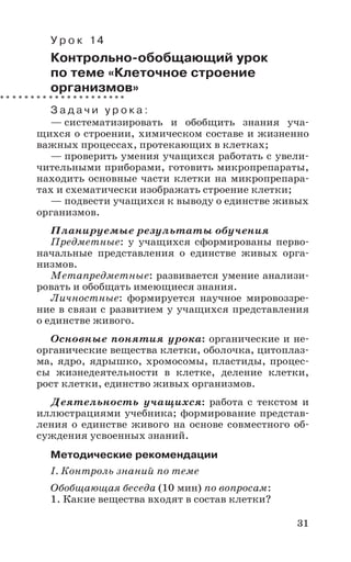 31
У р о к 14
Контрольно-обобщающий урок
по теме «Клеточное строение
организмов»
З а д а ч и у р о к а :
— систематизировать и обобщить знания уча-
щихся о строении, химическом составе и жизненно
важных процессах, протекающих в клетках;
— проверить умения учащихся работать с увели-
чительными приборами, готовить микропрепараты,
находить основные части клетки на микропрепара-
тах и схематически изображать строение клетки;
— подвести учащихся к выводу о единстве живых
организмов.
Планируемые результаты обучения
Предметные: у учащихся сформированы перво-
начальные представления о единстве живых орга-
низмов.
Метапредметные: развивается умение анализи-
ровать и обобщать имеющиеся знания.
Личностные: формируется научное мировоззре-
ние в связи с развитием у учащихся представления
о единстве живого.
Основные понятия урока: органические и не-
органические вещества клетки, оболочка, цитоплаз-
ма, ядро, ядрышко, хромосомы, пластиды, процес-
сы жизнедеятельности в клетке, деление клетки,
рост клетки, единство живых организмов.
Деятельность учащихся: работа с текстом и
иллюстрациями учебника; формирование представ-
ления о единстве живого на основе совместного об-
суждения усвоенных знаний.
Методические рекомендации
I. Контроль знаний по теме
Обобщающая беседа (10 мин) по вопросам:
1. Какие вещества входят в состав клетки?
 