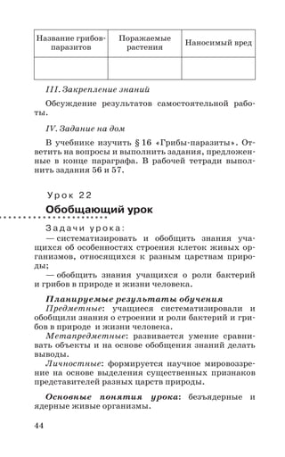44
III. Закрепление знаний
Обсуждение результатов самостоятельной рабо-
ты.
IV. Задание на дом
В учебнике изучить § 16 «Грибы-паразиты». От-
ветить на вопросы и выполнить задания, предложен-
ные в конце параграфа. В рабочей тетради выпол-
нить задания 56 и 57.
У р о к 2 2
Обобщающий урок
З а д а ч и у р о к а :
— систематизировать и обобщить знания уча-
щихся об особенностях строения клеток живых ор-
ганизмов, относящихся к разным царствам приро-
ды;
— обобщить знания учащихся о роли бактерий
и грибов в природе и жизни человека.
Планируемые результаты обучения
Предметные: учащиеся систематизировали и
обобщили знания о строении и роли бактерий и гри-
бов в природе и жизни человека.
Метапредметные: развивается умение сравни-
вать объекты и на основе обобщения знаний делать
выводы.
Личностные: формируется научное мировоззре-
ние на основе выделения существенных признаков
представителей разных царств природы.
Основные понятия урока: безъядерные и
ядерные живые организмы.
Название грибов-
паразитов
Поражаемые
растения
Наносимый вред
 