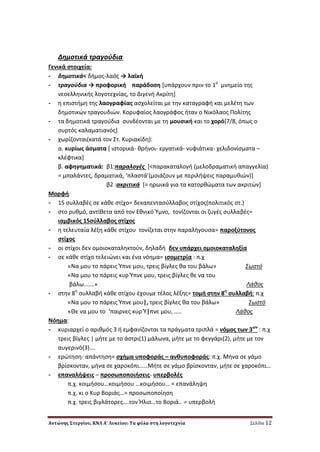 Αντώνης Στεργίου, ΚΝΛ Α’ Λυκείου: Τα φύλα στη λογοτεχνία Σελίδα 12
Δθμοτικά τραγοφδια
Γενικά ςτοιχεία:
- δθμοτικά< διμοσ-λαόσ → λαϊκι
- τραγοφδια → προφορικι παράδοςθ *υπάρχουν πριν το 1ο
μνθμείο τθσ
νεοελλθνικισ λογοτεχνίασ, το Διγενι Ακρίτθ+
- θ επιςτιμθ τθσ λαογραφίασ αςχολείται με τθν καταγραφι και μελζτθ των
δθμοτικϊν τραγουδιϊν. Κορυφαίοσ λαογράφοσ ιταν ο Νικόλαοσ Πολίτθσ
- τα δθμοτικά τραγοφδια ςυνδζονται με τθ μουςικι και το χορό*7/8, όπωσ ο
ςυρτόσ καλαματιανόσ+
- χωρίηονται(κατά τον ΢τ. Κυριακίδθ):
α. κυρίωσ άςματα * ιςτορικά- κρινοι- εργατικά- νυφιάτικα- χελιδονίςματα –
κλζφτικα+
β. αφθγθματικά: β1:παραλογζσ *<παρακαταλογι (μελοδραματικι απαγγελία)
= μπαλάντεσ, δραματικά, ‘πλαςτά’(μοιάηουν με περιλιψεισ παραμυκιϊν)+
β2 :ακριτικά *= θρωικά για τα κατορκϊματα των ακριτϊν+
Μορφι:
- 15 ςυλλαβζσ ςε κάκε ςτίχο= δεκαπενταςφλλαβοσ ςτίχοσ(πολιτικόσ ςτ.)
- ςτο ρυκμό, αντίκετα από τον Εκνικό Ύμνο, τονίηονται οι ηυγζσ ςυλλαβζσ=
ιαμβικόσ 15ςφλλαβοσ ςτίχοσ
- θ τελευταία λζξθ κάκε ςτίχου τονίηεται ςτθν παραλιγουςα= παροξφτονοσ
ςτίχοσ
- οι ςτίχοι δεν ομοιοκαταλθκτοφν, δθλαδι δεν υπάρχει ομοιοκαταλθξία
- ςε κάκε ςτίχο τελειϊνει και ζνα νόθμα= ιςομετρία : π.χ
«Να μου το πάρεισ Ύπνε μου, τρεισ βίγλεσ κα του βάλω» Σωστό
«Να μου το πάρεισ κυρ Ύπνε μου, τρεισ βίγλεσ κε να του
βάλω…….» Λάθος
- ςτθν 8θ
ςυλλαβι κάκε ςτίχου ζχουμε τζλοσ λζξθσ= τομι ςτθν 8θ
ςυλλαβι: π.χ
«Να μου το πάρεισ Ύπνε μου|, τρεισ βίγλεσ κα του βάλω» Σωστό
«Θε να μου το ‘παιρνεσ κυρ Ύ|πνε μου, ….. Λάθος
Νόθμα:
- κυριαρχεί ο αρικμόσ 3 ι εμφανίηονται τα πράγματα τριπλά = νόμοσ των 3ων
: π.χ
τρεισ βίγλεσ | μιτε με το άςτρι(1) μάλωνα, μιτε με το φεγγάρι(2), μιτε με τον
αυγερινό(3)….
- ερϊτθςθ- απάντθςθ= ςχιμα υποφοράσ – ανκυποφοράσ: π.χ. Μινα ςε γάμο
βρίςκονταν, μινα ςε χαροκόπι……Μιτε ςε γάμο βρίςκονταν, μιτε ςε χαροκόπι…
- επαναλιψεισ – προςωποποιιςεισ- υπερβολζσ
π.χ. κοιμιςου…κοιμιςου …κοιμιςου… = επανάλθψθ
π.χ. κι ο Κυρ Βοριάσ…= προςωποποίθςθ
π.χ. τρεισ βιγλάτορεσ….τον Ήλιο…το Βοριά.. = υπερβολι
 