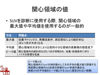 関心領域の値
• SUVを診断に使用する際，関心領域の
最大値や平均値を使用するのが一般的
方法 問題点
最大値 収集マトリックス，再構成条件，測定部位により統計的な
ばらつきが大きくなる
平均値 関心領域の大きさにより比較的小さな領域の高集積の感度低下
ピーク値 関心領域内の統計的なばらつきが抑制され，収集・処理条件に伴う
ノイズの影響を低減
ピーク値とは
関心領域内で1cm3の球を動かしてその平均の最大値で評価する
病変関心領域のVOI自身の体積が1cm3未満の場合は，
病変VOIの平均値をピーク値とする (SULに限定されない指標)
 