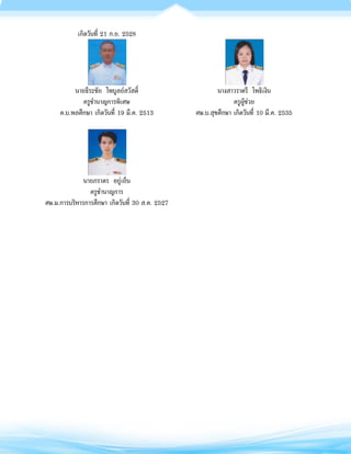 เกิดวันที่ 21 ก.ย. 2528
นายธีระชัย ไพบูลย์สวัสดิ์
ครูชานาญการพิเศษ
ค.บ.พลศึกษา เกิดวันที่ 19 มี.ค. 2513
นางสาวราตรี โพธิเงิน
ครูผู้ช่วย
ศษ.บ.สุขศึกษา เกิดวันที่ 10 มี.ค. 2535
นายภราดร อยู่เย็น
ครูชานาญการ
ศษ.ม.การบริหารการศึกษา เกิดวันที่ 30 ส.ค. 2527
 