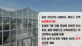 • 농업 선진국인 네덜런드 헤이그 지역
농업벤처기업
• 도심의 7층 건물 옥상에 지어진 도시
농장. 원래 필립스의 사옥이었으나 이
전하면서 농장을 만듬
• 도시 농작 내 모든 작물은 100% 유기
농으로 제배
 