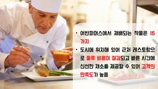 • 어반파머스에서 재배되는 작물은 15
가지
• 도시에 위치해 있어 근처 레스토랑으
로 물류 비용이 절감되고 빠른 시간에
신선한 채소를 제공할 수 있어 고객의
만족도가 높음
 