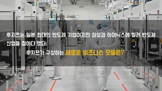 후지쯔는 일본 최대의 반도체 기업이지만 삼성과 하이닉스에 밀려 반도체
산업을 접어댜 했다.
후지쯔가 구상하는 새로운 비즈니스 모델은?
 