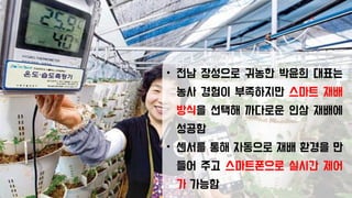 • 전남 장성으로 귀농한 박윤희 대표는
농사 경험이 부족하지만 스마트 재배
방식을 선택해 까다로운 인삼 재배에
성공함
• 센서를 통해 자동으로 재배 환경을 만
들어 주고 스마트폰으로 실시간 제어
가 가능함
 