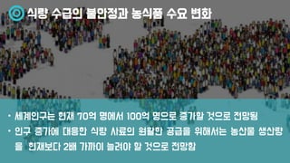 식량 수급의 불안정과 농식품 수요 변화
• 세계인구는 현재 70억 명에서 100억 명으로 증가할 것으로 전망됨
• 인구 증가에 대응한 식량 사료의 원활한 공급을 위해서는 농산물 생산량
을 현재보다 2배 가까이 늘려야 할 것으로 전망함
 