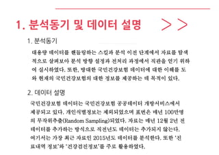 1. 분석동기 및 데이터 설명
대용량 데이터를 핸들링하는 스킬과 분석 이전 단계에서 자료를 탐색
적으로 살펴보아 분석 방향 설정과 전처리 과정에서 직관을 얻기 위하
여 실시하였다. 또한, 방대한 국민건강보험 데이터에 대한 이해를 도
와 현재의 국민건강보험의 대한 정보를 제공하는 데 목적이 있다.
1. 분석동기
국민건강보험 데이터는 국민건강보험 공공데이터 개방서비스에서
제공되고 있다. 개인식별정보는 제외되었으며 표번은 매년 100만명
의 무작위추출(Random Sampling)되었다. 자료는 매년 12월 2년 전
데이터를 추가하는 방식으로 직전년도 데이터는 추가되지 않는다.
여기서는 가장 최근 자료인 2015년도 데이터를 분석한다. 또한 ‘진
료내역 정보’와 ‘건강검진정보’를 주로 활용하였다.
2. 데이터 설명
 