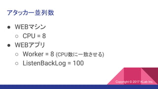 アタッカー並列数
● WEBマシン
○ CPU = 8
● WEBアプリ
○ Worker = 8 (CPU数に一致させる)
○ ListenBackLog = 100
Copyright © 2017 KLab Inc.
 