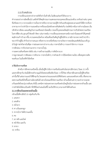 6
2.12 ด้านพฤติกรรม
การเปลี่ยนแปลงทางร่างกายดังที่กล่าวในข้างต้น ไม่เพียงแต่จะทาให้ระบบการ
ทางานของร่างกายผิดเพี้ยนไป แต่ยังทาให้พฤติกรรมการแสดงออกของบุคคลเปลี่ยนแปลงด้วย ยกตัวอย่างเช่น บุคคล
ที่เครียดมากๆ บางรายจะมีอาการเบื่ออาหารหรือบางรายอาจจะรู้สึกว่าตัวเองหิวอยู่ตลอดเวลาและทาให้มีการบริโภค
อาหารมากกว่าปกติ มีอาการนอนหลับยากหรือนอนไม่หลับหลายคืนติดต่อกัน ประสิทธิภาพในการทางานน้อยลง เริ่ม
ปลีกตัวจากสังคม และเผชิญกับความเครียดอย่างโดดเดี่ยว บ่อยครั้งบุคคลจะมีพฤติกรรมการปรับตัวต่อความเครียด
ในทางที่ผิด เช่น สูบบุหรี่ ติดเหล้า ติดยา เล่นการพนัน การเปลี่ยนแปลงของสารเคมีบางอย่างในสมองทาให้บุคคลมี
พฤติกรรมก้าวร้าวมากขึ้น ความอดทนเริ่มต่าลง พร้อมที่จะเป็นศัตรูกับผู้อื่นได้ง่าย อาจมีการอาละวาดขว้างปาข้าว
ของ ทาร้ายผู้อื่น ทาร้ายร่างกายตนเอง หรือหากบางรายที่เครียดมากอาจเกิดอาการหลงผิดและตัดสินใจแบบชั่ววูบ
นาไปสู่การฆ่าตัวตายในที่สุด การผ่อนคลายทางร่างกาย เช่น การหายใจลึกๆ การออกกาลังกาย การนวด
การพักผ่อน การรับประทานอาหาร การอาบน้าอุ่น
การลดความตึงเครียดทางจิตใจ เช่น การสร้างอารมณ์ขัน การคิดใทางบวก
การดูภาพยนตร์ การฟังเพลง การหัวเราะ การหายใจลึกๆ การทาสมาธิ การใช้เทคนิคความเงียบ เพื่อหยุดความคิด
ของตัวเอง ในเรื่องที่ทาให้เครียด
3.วิธีแก้อาการเครียด
สาหรับการฝึกคลายเครียดนั้น เมื่อเริ่มรู้สึกว่ามีอาการเครียดในระดับน้อยๆควรฝึกบ่อยๆ วันละ 2-3 ครั้ง
และควรฝึกทุกวัน ต่อเมื่อฝึกจนชานาญแล้วจึงลดลงเหลือเพียงวันละ 1 ครั้งก็พอ หรืออาจฝึกเฉพาะเมื่อรู้สึกเครียด
เท่านั้นก็ได้ แต่อยากแนะนาให้ฝึกทุกวัน โดยเฉพาะก่อนนอนจะช่วยให้จิตใจสงบ และนอนหลับสบายขึ้น )ซึ่งสามารถ
ลดความเครียดที่เกิดขึ้นอย่างเฉียบพลันได้ เพราะในขณะที่เกิดความเครียด กล้ามเนื้อส่วนต่างๆ ของร่างกายจะหด
เกร็งและจิตใจจะวุ่นวายสับสน ดังนั้น เทคนิคการผ่อนคลายความเครียดส่วนใหญ่จึงเน้นการผ่อนคลายกล้ามเนื้อ และ
การทาจิตใจให้สงบเป็นหลัก ซึ่งวิธีที่จะนาเสนอในที่นี้ จะเป็นวิธีง่ายๆ สามารถทาได้ด้วยตัวเอง
3.1 การฝึกเกร็งและคลายกล้ามเนื้อ
กล้ามเนื้อที่ควรฝึกมี 10 กลุ่มด้วยกัน คือ
1. แขนขวา
2. แขนซ้าย
3. หน้าผาก
4. ตา แก้มและจมูก
5. ขากรรไกร ริมฝีปากและลิ้น
6. คอ
7. อก หลัง และไหล่
8. หน้าท้อง และก้น
9. ขาขวา
10. ขาซ้าย
 
