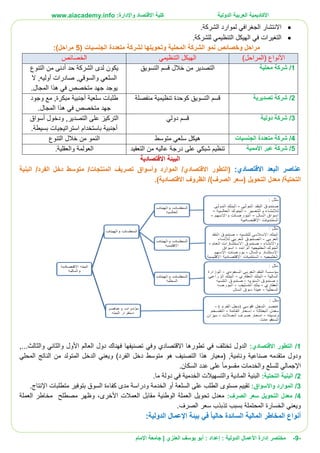 ‫األ‬‫كاديمية‬‫الدولية‬ ‫العربية‬:‫واإلدارة‬ ‫االقتصاد‬ ‫كلية‬www.aiacademy.info
-9-‫مختصر‬‫الدولية‬ ‫األعمال‬ ‫إدارة‬‫إعداد‬ :‫أبو‬ :‫العنزي‬ ‫يوسف‬‫اإلمام‬ ‫جامعة‬ |
‫لموارد‬ ‫الجغرافي‬ ‫االنتشار‬‫الشركة‬.
‫للشركة‬ ‫التنظيمي‬ ‫الهيكل‬ ‫في‬ ‫التغيرات‬.
‫الجنسيات‬ ‫متعددة‬ ‫لشركة‬ ‫وتحويلها‬ ‫المحلية‬ ‫الشركة‬ ‫نمو‬ ‫وخصائص‬ ‫مراحل‬(5:)‫مراحل‬
‫األنواع‬)‫(المراحل‬‫التنظيمي‬ ‫الهيكل‬‫الخصائص‬
1/‫محلية‬ ‫شركة‬‫التسويق‬ ‫قسم‬ ‫خالل‬ ‫من‬ ‫التصدير‬‫يكون‬‫التنوع‬ ‫من‬ ‫أدنى‬ ‫حد‬ ‫الشركة‬ ‫لدى‬
‫ال‬ ,‫أوليه‬ ‫صادرات‬ ,‫والسوقي‬ ‫السلعي‬
.‫المجال‬ ‫هذا‬ ‫في‬ ‫متخصص‬ ‫جهد‬ ‫يوجد‬
2/‫تصديرية‬ ‫شركة‬‫منفصلة‬ ‫تنظيمية‬ ‫كوحدة‬ ‫التسويق‬ ‫قسم‬‫أجنبية‬ ‫سلعية‬ ‫طلبات‬‫وجود‬ ‫مع‬ ,‫مبكرة‬
.‫المجال‬ ‫هذا‬ ‫في‬ ‫متخصص‬ ‫جهد‬
3/‫دولية‬ ‫شركة‬‫دولي‬ ‫قسم‬‫أسوا‬ ‫ودخول‬ ,‫التصدير‬ ‫على‬ ‫التركيز‬‫ق‬
‫أجنبية‬‫باستخدام‬‫استراتيجيات‬‫بسيطة‬.
4/‫الجنسيات‬ ‫متعددة‬ ‫شركة‬‫متوسط‬ ‫سلعي‬ ‫هيكل‬‫التنوع‬ ‫خالل‬ ‫من‬ ‫النمو‬
5/‫عبر‬ ‫شركة‬‫األممية‬‫التعقيد‬ ‫من‬ ‫عاليه‬ ‫درجة‬ ‫على‬ ‫شبكي‬ ‫تنظيم‬‫العولمة‬.‫والعقلية‬
‫البيئة‬‫االقتصادية‬
‫عناصر‬‫االقتصادي‬ ‫البعد‬:(‫االقتصادي‬ ‫التطور‬/‫الموارد‬‫وأسواق‬‫تصري‬‫المنتجات‬ ‫ف‬/‫الفرد‬ ‫دخل‬ ‫متوسط‬/‫البنية‬
‫التحتية‬/)‫الصرف‬ ‫(سعر‬ ‫التحويل‬ ‫معدل‬/‫االقتصادية‬ ‫الظروف‬).
1/‫االقتصادي‬ ‫التطور‬:‫تصنيفها‬ ‫وفي‬ ‫االقتصادي‬ ‫تطورها‬ ‫في‬ ‫تختلف‬ ‫الدول‬‫ف‬‫العالم‬ ‫دول‬ ‫هناك‬‫األول‬‫و‬‫ال‬‫و‬ ‫ثاني‬‫ال‬,...‫ثالث‬
‫متقدمه‬ ‫ودول‬‫صناعية‬‫ونامية‬,‫متوسط‬ ‫هو‬ ‫التصنيف‬ ‫هذا‬ ‫(معيار‬‫المحلي‬ ‫الناتج‬ ‫من‬ ‫المتولد‬ ‫الدخل‬ ‫ويعني‬ )‫الفرد‬ ‫دخل‬
‫اإلجمالي‬.‫السكان‬ ‫عدد‬ ‫على‬ ‫مقسوما‬ ‫والخدمات‬ ‫للسلع‬
2/‫الب‬‫ن‬‫ي‬‫ة‬‫التحتي‬‫ة‬:‫البنية‬‫والتسهيالت‬ ‫المادية‬‫الخدمية‬‫دول‬ ‫في‬‫ة‬.‫ما‬
3/‫الموارد‬‫واألسواق‬:‫السلعة‬ ‫على‬ ‫الطلب‬ ‫مستوى‬ ‫تقييم‬‫أو‬‫متط‬ ‫بتوفير‬ ‫السوق‬ ‫كفاءة‬ ‫مدى‬ ‫ودراسة‬ ‫الخدمة‬.‫اإلنتاج‬ ‫لبات‬
4/‫الصرف‬ ‫سعر‬ ‫التحويل‬ ‫معدل‬:‫تحويل‬ ‫معدل‬‫العملة‬‫العمالت‬ ‫مقابل‬ ‫الوطنية‬‫األخرى‬،‫العملة‬ ‫مخاطر‬ ‫مصطلح‬ ‫وظهر‬
‫ويع‬‫ني‬‫الخسارة‬‫المحتملة‬‫سعر‬ ‫تذبذب‬ ‫بسبب‬.‫الصرف‬
:‫الدولية‬ ‫اإلعمال‬ ‫بيئة‬ ‫في‬ ً‫ا‬‫حالي‬ ‫السائدة‬ ‫المالية‬ ‫المخاطر‬ ‫أنواع‬
 