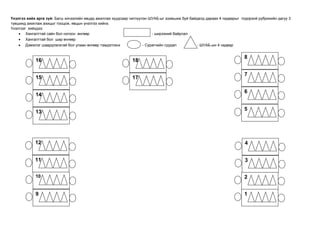 Үнэлгээ хийх арга зүй: Багш хичээлийн явцад ажиллах хуудсаар чиглүүлэн ШУАБ-ыг эзэмшиж буй байдалд дараах 4 чадварыг тодорхой рубрикийн дагуу 3
түвшинд ажиглаж ахицыг тооцож, явцын үнэлгээ хийнэ.
Үнэлгээг хийхдээ:
• Хангалттай сайн бол ногоон өнгөөр - ширээний байрлал
• Хангалттай бол шар өнгөөр
• Дэмжлэг шаардлагатай бол улаан өнгөөр тэмдэглэнэ - Сурагчийн суудал - ШУАБ-ын 4 чадвар
16
15
14
13
12
11
10
9 1
2
4
3
5
6
7
8
18
17
 
