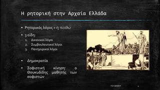 Η ρητορική στην Αρχαία Ελλάδα
▪ Ρητορικός λόγος > ἡ πειθώ
▪ 3 είδη:
1. Δικανικοί λόγοι
2. Συμβουλευτικοί λόγοι
3. Πανηγυρικοί λόγοι
▪ Δημοκρατία
▪ Σοφιστική κίνηση· ο
Θουκυδίδης μαθητής των
σοφιστών
ΓΕΛ ΒΑΜΟΥ 4
 