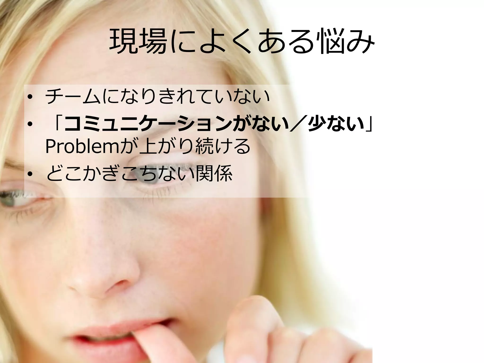 現場によくある悩み
• チームになりきれていない
• 「コミュニケーションがない／少ない」
Problemが上がり続ける
• どこかぎこちない関係
 
