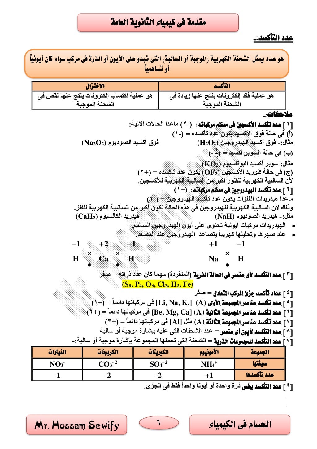 6 ‫الكيمياء‬ ‫فى‬ ‫احلسام‬Mr. Hossam Sewify
‫العامة‬ ‫الثانوية‬ ‫كيمياء‬ ‫فى‬ ‫مقدمة‬
:‫التأكسد‬ ‫عدد‬-
‫التأكسد‬‫االختزال...