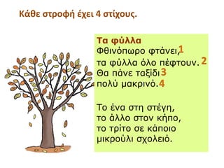 Τα φύλλα
ΦθινόπӬο φτάνει,
τα φύλλα όλο πέφτουν.
Θα πάνε ταξίδι
πολύ μακρινό.
Το ένα στη στέγη,
το άλλο στον κήπο,
το τρίτο σε κάποιο
μικρούλι σχολειό.
1
2
3
4
Κάθε στροφή έχει 4 στίχους.
 