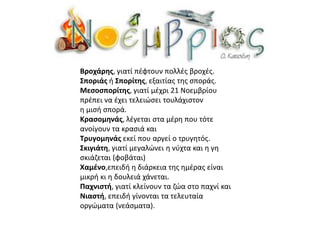 Βροχάρης, γιατί πέφτουν πολλές βροχές.
Σποριάς ή Σπορίτης, εξαιτίας της σποράς.
Μεσοσπορίτης, γιατί μέχρι 21 Νοεμβρίου
πρέπει να έχει τελειώσει τουλάχιστον
η μισή σπορά.
Κρασομηνάς, λέγεται στα μέρη που τότε
ανοίγουν τα κρασιά και
Τρυγομηνάς εκεί που αργεί ο τρυγητός.
Σκιγιάτη, γιατί μεγαλώνει η νύχτα και η γη
σκιάζεται (φοβάται)
Χαμένο,επειδή η διάρκεια της ημέρας είναι
μικρή κι η δουλειά χάνεται.
Παχνιστή, γιατί κλείνουν τα ζώα στο παχνί και
Νιαστή, επειδή γίνονται τα τελευταία
οργώματα (νεάσματα).
 