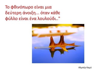 Το φθινόπӬο είναι μια
δεύτερη άνοιξη... όταν κάθε
φύλλο είναι ένα λουλούδι.."
Αλμπέρ Καμύ
 
