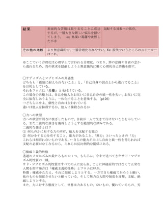 結果 表面的な苦痛は取り去ることに成功
するが、一層大きな新しい悩みを招い
てしまう。	
  ex 奥深い葛藤や沈黙し
た不幸
支配する対象への依存。
その他の比較 より無意識的で、一層合理化されやすい。Ex 現代でいうところのストーカー
はこれ。
※ここでいう合理化は心理学上で言われる合理化。つまり、罪の意識や自責の念か
ら逃れるため、真の欲求を隠蔽しようと無意識的に働く心理的自己防衛を指す。
◯サディズムとマゾヒズムの共通性
どちらも「孤独に耐えられないこと」と、「自己自身の弱点とから逃れでること」
を目的としている。
それをフロムは「共棲」と名付けている。
この場合の共棲とは、自己を他人とお互いに自己自身の統一性を失い、お互いに完
全に依存しあうように、一体化することを意味する。（p176）
→どちらにせよ、個性と自由は失われている
違いは他人を抹殺するか、他人に抹殺されるか
◯力への欲望
力への欲望は弱さに根ざしたもので、自我が一人で生きて行けないことを示してい
る。また二義的な強さを獲得しようとする絶望的な試みである。
二義的な強さとは？
①	
 何ものかに対する力の所有、他人を支配する能力
②	
 何かをする力を有すること、能力があること、「無力」といったときの「力」
これらは相容れないものである。←自らの能力が向上し自由と統一性を得られれば
支配の必要がなくなるから。これらは反比例的な関係にある。
◯権威主義的性格
逃避のメカニズムの最たるものの１つ。もちろん、今まで述べてきたサド・マゾヒ
ズム的性質の一種。
サド・マゾヒズム的性質はすべての人に見られ、ことに神経症的ではなくて正常な
人間を指す場合は「権威主義的性格」とフロムは呼ぶ。
特徴：権威をたたえ、それに服従しようとする。一方で自ら権威であろうと願い、
他のものを服従させたいと願っている。そして無力な人間や制度を攻撃、支配、絶
滅しようとする。
また、力に対する態度として、世界は力あるもの、ないもの、優れているもの、劣
 