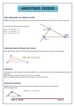 ΝΙΚΟΣ Κ. ΡΑΠΤΗΣ Σελίδα 15
∎ Κάθε εξωτερική γωνία ενός τριγώνου είναι μεγαλύτερη από καθεμιά από τις απέναντι γωνίες του τριγώνου .
Σχέση Εξωτερικής και Απέναντι Γωνίας
Στο παραπάνω σχήμα ισχύουν οι σχέσεις :
Α�εξωτ > Β� και Α�εξωτ > Γ�
Β�εξωτ > Α� και Β�εξωτ > Γ�
Γ�εξωτ > Β� και Γ�εξωτ > Α� .
∎ Σε κάθε τρίγωνο απέναντι από άνισες πλευρές βρίσκονται όμοιες άνισες γωνίες και το αντίστροφο .
Ανισοτικές Σχέσεις Πλευρών και Γωνιών
Πορίσματα
1) Αν μια γωνία ενός τριγώνου είναι ορθή ή αμβλεία , τότε η απέναντι πλευρά της είναι η μεγαλύτερη πλευρά του
τριγώνου .
2) Αν ένα τρίγωνο έχει δύο γωνίες ίσες , τότε είναι ισοσκελές .
3) Αν ένα τρίγωνο έχει και τις τρείς γωνίες του ίσες , τότε είναι ισόπλευρο .
∎ Κάθε πλευρά τριγώνου είναι μικρότερη από το άθροισμα των δύο άλλων και μεγαλύτερη
Τριγωνική Ανισότητα
από την διαφορά τους
Ισχύει : β − γ < α < β + γ .
ΑΝΙΣΟΤΙΚΕΣ ΣΧΕΣΕΙΣ
 