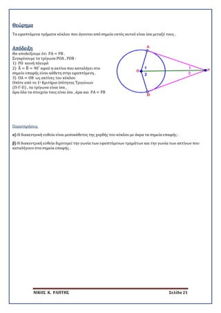 ΝΙΚΟΣ Κ. ΡΑΠΤΗΣ Σελίδα 21
Τα εφαπτόμενα τμήματα κύκλου που άγονται από σημείο εκτός αυτού είναι ίσα μεταξύ τους .
Θεώρημα
Απόδειξη
Θα αποδείξουμε ότι ΡΑ = ΡΒ .
Συγκρίνουμε τα τρίγωνα ΡΟΑ , ΡΟΒ :
1) ΡΟ κοινή πλευρά
2) Α� = Β� = 90°
αφού η ακτίνα που καταλήγει στο
σημείο επαφής είναι κάθετη στην εφαπτόμενη .
3) ΟΑ = ΟΒ ως ακτίνες του κύκλου
Οπότε από το 1ο Κριτήριο Ισότητας Τριγώνων
(Π-Γ-Π) , τα τρίγωνα είναι ίσα ,
άρα όλα τα στοιχεία τους είναι ίσα , άρα και ΡΑ = ΡΒ
Παρατηρήσεις
α) Η διακεντρική ευθεία είναι μεσοκάθετος της χορδής του κύκλου με άκρα τα σημεία επαφής .
β) Η διακεντρική ευθεία διχοτομεί την γωνία των εφαπτόμενων τμημάτων και την γωνία των ακτίνων που
καταλήγουν στα σημεία επαφής .
 