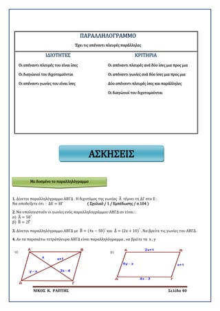 ΝΙΚΟΣ Κ. ΡΑΠΤΗΣ Σελίδα 40
ΠΑΡΑΛΛΗΛΟΓΡΑΜΜΟ
Έχει τις απέναντι πλευρές παράλληλες
ΙΔΙΟΤΗΤΕΣ ΚΡΙΤΗΡΙΑ
Οι απέναντι πλευρές του είναι ίσες Οι απέναντι πλευρές ανά δύο ίσες μια προς μια
Οι διαγώνιοί του διχοτομούνται Οι απέναντι γωνίες ανά δύο ίσες μια προς μια
Οι απέναντι γωνίες του είναι ίσες Δύο απέναντι πλευρές ίσες και παράλληλες
Οι διαγώνιοί του διχοτομούνται
1. Δίνεται παραλληλόγραμμο ΑΒΓΔ . Η διχοτόμος της γωνίας Α� τέμνει τη ΔΓ στο Ε .
Να αποδείξετε ότι : ΔΕ = ΒΓ ( Σχολικό / 1 / Εμπέδωσης / σ.104 )
2. Να υπολογιστούν οι γωνίες ενός παραλληλογράμμου ΑΒΓΔ αν είναι :
α) Α� = 50°
β) Β� = 2Γ�
3. Δίνεται παραλληλόγραμμο ΑΒΓΔ με Β� = (4x − 50)°
και Δ� = (2x + 10)°
. Να βρείτε τις γωνίες του ΑΒΓΔ.
4. Αν τα παρακάτω τετράπλευρα ΑΒΓΔ είναι παραλληλόγραμμα , να βρείτε τα x , y
ΑΣΚΗΣΕΙΣ
Με δοσμένο το παραλληλόγραμμο
 