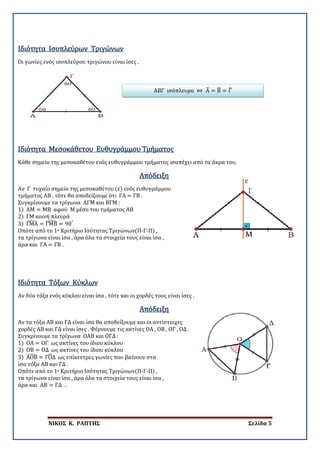 ΝΙΚΟΣ Κ. ΡΑΠΤΗΣ Σελίδα 5
Οι γωνίες ενός ισοπλεύρου τριγώνου είναι ίσες .
Ιδιότητα Ισοπλεύρων Τριγώνων
Κάθε σημείο της μεσοκαθέτου ενός ευθυγράμμου τμήματος ισαπέχει από τα άκρα του.
Ιδιότητα Μεσοκάθετου Ευθυγράμμου Τμήματος
Απόδειξη
Αν Γ τυχαίο σημείο της μεσοκαθέτου (ε) ενός ευθυγράμμου
τμήματος ΑΒ , τότε θα αποδείξουμε ότι ΓΑ = ΓΒ .
Συγκρίνουμε τα τρίγωνα ΑΓΜ και ΒΓΜ :
1) ΑΜ = ΜΒ αφού Μ μέσο του τμήματος ΑΒ
2) ΓΜ κοινή πλευρά
3) ΓΜΑ� = ΓΜΒ� = 90°
Οπότε από το 1ο Κριτήριο Ισότητας Τριγώνων(Π-Γ-Π) ,
τα τρίγωνα είναι ίσα , άρα όλα τα στοιχεία τους είναι ίσα ,
άρα και ΓΑ = ΓΒ .
Αν δύο τόξα ενός κύκλου είναι ίσα , τότε και οι χορδές τους είναι ίσες .
Ιδιότητα Τόξων Κύκλων
Απόδειξη
Αν τα τόξα ΑΒ και ΓΔ είναι ίσα θα αποδείξουμε και οι αντίστοιχες
χορδές ΑΒ και ΓΔ είναι ίσες . Φέρνουμε τις ακτίνες ΟΑ , ΟΒ , ΟΓ , ΟΔ .
Συγκρίνουμε τα τρίγωνα ΟΑΒ και ΟΓΔ :
1) ΟΑ = ΟΓ ως ακτίνες του ίδιου κύκλου
2) ΟΒ = ΟΔ ως ακτίνες του ίδιου κύκλου
3) ΑΟΒ� = ΓΟΔ� ως επίκεντρες γωνίες που βαίνουν στα
ίσα τόξα ΑΒ και ΓΔ .
Οπότε από το 1ο Κριτήριο Ισότητας Τριγώνων(Π-Γ-Π) ,
τα τρίγωνα είναι ίσα , άρα όλα τα στοιχεία τους είναι ίσα ,
άρα και ΑΒ = ΓΔ .
ΑΒΓ ισόπλευρο ⇔ Α� = Β� = Γ�
 