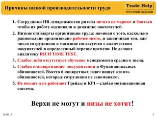 www.trade-help.com
18.09.17 2
Причины низкой производительности труда
18.09.17 2
1. Сотрудники HR департаментов ритейл ничего не меряют и бояться
чтобы их работу оценивали в динамике показателей.
2. Низкие стандарты организации труда: начиная с того, насколько
рационально организовано рабочее место, и заканчивая тем, как
число сотрудников в магазине согласуется с количеством
покупателей в определенный отрезок времени. Не делают
аналитику RICH TIME TEST.
3. Слабое либо отсутствует обучение менеджмента среднего звена.
4. Слабая стандартизация документации и Функциональных
обязанностей. Вместо 6 конкретных задач пишут «тома»
обязанностей, которые сотрудники не запоминают.
5. Не вводят и не работают Грейды и KPI – слабая мотивационная
система.
Верхи не могут и низы не хотят!
 
