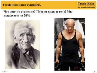 www.trade-help.com
18.09.17 2618.09.17 26
Fresh food наша сущность
Что значит старение? Потеря воды в теле! Мы
высыхаем на 20%
 