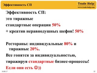 www.trade-help.com
18.09.17 32
Эффективность СП
18.09.17 32
Эффективность СП:
это тиражные
стандартные операции 50%
+ креатив неравнодушных шефов! 50%
Рестораны: индивидуальные 80% и
тиражные 20%.
Все гонятся за индивидуальностью,
тиражируя стандартные бизнес-процессы!
Если они есть ))
 
