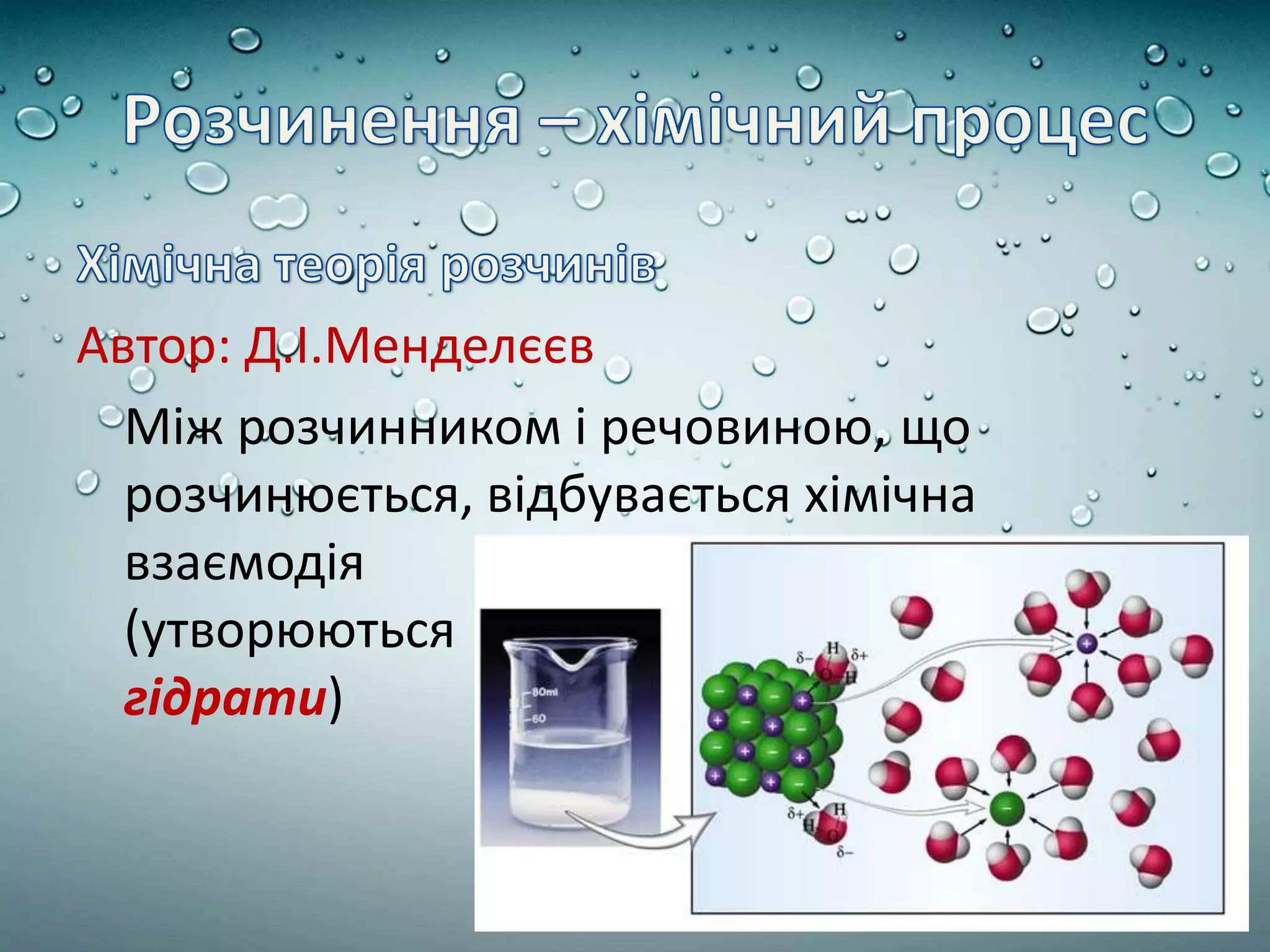Автор: Д.І.Менделєєв
Між розчинником і речовиною, що
розчинюється, відбувається хімічна
взаємодія
(утворюються
гідрати)
 