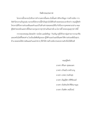 กิตติกรรมประกาศ
โครงงานนี้ประกอบไปด้วยการทางานหลายขั้นตอน นับตั้งแต่การศึกษาข้อมูล การสร้างบล็อก การ
จัดทาโครงงานเป็นรูปเล่ม จนกระทั่งโครงงานนี้สาเร็จลุล่วงไปได้ด้วยดี ตลอดระยะเวลาดังกล่าว คณะผู้จัดทา
โครงงานได้รับความช่วยเหลือและคาแนะนาในด้านต่างๆตลอดจนได้รับกาลังใจจากบุคคลหลายๆท่าน คณะ
ผู้จัดทาตระหนักและซาบซึ้งในความกรุณาจากทุกๆท่านเป็นอย่างยิ่ง ณ โอกาสนี้ ขอขอบคุณทุกๆท่า ดังนี้
กราบขอบพระคุณ มิสเขมจิรา ปลงไสว และมิสจิรฐา กิจเจริญ ครูที่ปรึกษากลุ่มสาระการงานอาชีพ
และเทคโนโลยีทั้งสองท่าน โรงเรียนอัสสัมชัญระยอง ผู้ให้คาแนะนาและได้เมตตาให้ความช่วยเหลือในทุกๆ
ด้าน ตลอดจนให้ความคิดและคาแนะนาต่างๆ ที่ทาให้การสร้างบล็อกประสบความสาเร็จไปได้ด้วยดี
คณะผู้จัดทา
นางสาว สิรินดา สุขสมเนตร
นางสาว เก็จมณี นาคชานาญ
นางสาว ภคพร ประดับสุข
นางสาว อัญญ์ชิสา ตรีศิชัยนนท์
นางสาว นันท์ธนภัส สิริสินภาณุรุจ
นางสาว ปัณฑิตา สนธิโรจน์
 