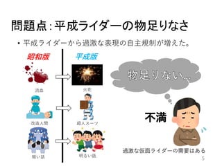 問題点：平成ライダーの物足りなさ
• 平成ライダーから過激な表現の自主規制が増えた。
5
流血 火花
改造人間 超人スーツ
昭和版 平成版
明るい話暗い話
過激な仮面ライダーの需要はある
 