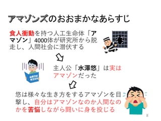 のおおまかなあらすじ
8
食人衝動を持つ人工生命体「ア
マゾン」4000体が研究所から脱
走し、人間社会に潜伏する
主人公「水澤悠」は実は
アマゾンだった
悠は様々な生き方をするアマゾンを目
撃し、自分はアマゾンなのか人間なの
かを苦悩しながら闘いに身を投じる
 