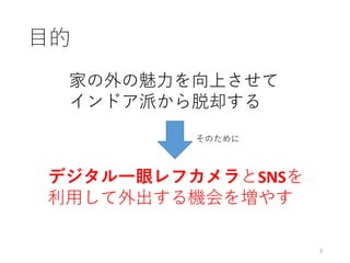 目的
3
デジタル一眼レフカメラとSNSを
利用して外出する機会を増やす
家の外の魅力を向上させて
インドア派から脱却する
そのために
 