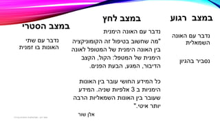‫הסטרי‬ ‫במצב‬
‫שתי‬ ‫עם‬ ‫נדבר‬
‫זמנית‬ ‫בו‬ ‫האונות‬
‫לחץ‬ ‫במצב‬
‫הימנית‬ ‫האונה‬ ‫עם‬ ‫נדבר‬
"‫מה‬‫הקומוניקציה‬ ‫זה‬ ‫בטיפול‬ ‫שחשוב‬
‫לאונה‬ ‫המטופל‬ ‫של‬ ‫הימנית‬ ‫האונה‬ ‫בין‬
‫המטפל‬ ‫של‬ ‫הימנית‬:‫הקול‬,‫הקצב‬
‫הדיבור‬,‫המגע‬,‫הבעת‬‫הפנים‬.
‫האונות‬ ‫בין‬ ‫עובר‬ ‫החושי‬ ‫המידע‬ ‫כל‬
‫ב‬ ‫הימניות‬3‫שניה‬ ‫אלפיות‬.‫המידע‬
‫הרבה‬ ‫השמאליות‬ ‫האונות‬ ‫בין‬ ‫שעובר‬
‫איטי‬ ‫יותר‬".
‫שור‬ ‫אלן‬
‫רגוע‬ ‫במצב‬
‫האונה‬ ‫עם‬ ‫נדבר‬
‫השמאלית‬
‫בהגיון‬ ‫נסביר‬
‫דגן‬ ‫תמר‬-‫בכירה‬ ‫חינוכית‬ ‫פסיכולוגית‬
 