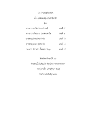 โครงงานคอมพิวเตอร์
เรื่อง ผลไม้แปรรูปประจาจังหวัด
โดย
นางสาว ตวงรัตน์ เขมทโรนนท์ เลขที่ 7
นางสาว นภัสวรรณ ประสานพานิช เลขที่ 8
นางสาว ภัคพร อินตะวิชัย เลขที่ 10
นางสาว ศุภจารี อนันตชัย เลขที่ 11
นางสาว ณิชาภัทร ลิ้มสมุทรชัยกุล เลขที่ 12
ชั้นมัธยมศึกษาปีที่ 5/5
รายงานนี้เป็นส่วนหนึ่งของโครงงานคอมพิวเตอร์
ภาคเรียนที่ 1 ปีการศึกษา 2560
โรงเรียนอัสสัมชัญระยอง
 