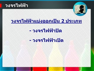วงจรไฟฟ้ าแบ่งออกเป็ น 2 ประเภท
- วงจรไฟฟ้ าปิด
- วงจรไฟฟ้ าเปิด
วงจรไฟฟ้ า
 