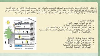 ‫هي‬ ‫بالمباني‬ ‫المحيطة‬ ‫المناطق‬ ‫و‬ ‫الخارجية‬ ‫و‬ ‫الداخلية‬ ‫األماكن‬ ‫تظليل‬ ‫إن‬‫أش‬ ‫تأثير‬ ‫من‬ ‫االولى‬ ‫الدفاع‬ ‫وسيلة‬‫عة‬
‫الحرارية‬ ‫الطاقة‬ ‫و‬ ‫الشمس‬‫المبنى‬ ‫غالف‬ ‫في‬ ‫المختزنة‬ ‫الحرارة‬ ‫كمية‬ ‫تأثير‬ ‫من‬ ‫أمكن‬ ‫ما‬ ‫تقليل‬ ‫استطعنا‬ ‫فإذا‬ ،‫من‬
‫الحرارةبإستخدام‬ ‫و‬ ‫الشمس‬ ‫أشعة‬(‫االشجار‬ ، ‫التظليل‬)‫التبريد‬ ‫وسائل‬ ‫إلى‬ ‫الحاجة‬ ‫سنقلل‬ ‫فإننا‬ ‫؛‬.
‫التظليل‬ ‫إقتراحات‬:
•‫الظل‬ ‫لتكوين‬ ‫المباني‬ ‫تقريب‬.
•‫الشارع‬ ‫لتظليل‬ ‫العلوي‬ ‫الدور‬ ‫بروز‬.
•‫قماش‬ ‫مظالت‬ ‫إستخدام‬ ‫يمكن‬ ‫المنخفضة‬ ‫المباني‬ ‫في‬.
•‫السيارات‬ ‫وقوف‬ ‫أماكن‬ ‫تظليل‬(‫اإلسمنتي‬ ، ‫الخشبية‬ ‫بالعوارض‬‫ة‬
‫األشجار‬ ‫أو‬ ، ‫،القماشية‬)
‫التظليل‬ ‫طرق‬ ‫و‬ ‫أجهزة‬ ‫وظائف‬:
•‫الحرارة‬ ‫درجات‬ ‫في‬ ‫التحكم‬
•‫الطبيعية‬ ‫اإلضاءة‬ ‫في‬ ‫التحكم‬
•‫الطبيعية‬ ‫المناظر‬ ‫من‬ ‫اإلستفادة‬
•‫الداخلية‬ ‫التهوية‬ ‫في‬ ‫التحكم‬
 