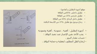 ‫كفاءتها‬ ‫و‬ ‫التظليل‬ ‫أجهزة‬ ‫موقع‬:
•‫داخلي‬ ‫تظليل‬85%‫الطاقة‬ ‫من‬
•‫خارجي‬ ‫تظليل‬25%‫الطاقة‬ ‫من‬
•‫الزجاج‬ ‫داخل‬ ‫تظليل‬65%‫الطاقة‬ ‫من‬
•‫تظليل‬ ‫مع‬ ‫مزدوج‬ ‫زجاج‬27%‫النافذة‬ ‫األشعة‬ ‫من‬
•‫التظليل‬ ‫أجهزة‬:‫وعمودية‬ ‫أفقية‬ ، ‫عمودية‬ ، ‫أفقية‬
•‫النوافذ‬ ‫تنفيذ‬ ‫عند‬ ‫اإلعتبار‬ ‫بعين‬ ‫األخذ‬ ‫يجب‬:
-‫البروز‬ ‫مقدار‬ ‫حساب‬.
-‫النوافذ‬ ‫حماية‬ ‫و‬ ‫لتغطية‬ ‫المظلوب‬ ‫الظل‬ ‫ارتفاع‬.
 
