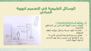 2.‫الرياح‬ ‫حوائط‬(windwalls: )
•‫المناطق‬ ‫من‬ ‫الساخن‬ ‫الهواء‬ ‫سحب‬ ‫الهدف‬
‫الداخلية‬
•‫لطول‬ ‫موازي‬ ‫بشكل‬ ‫مبنية‬ ‫تكون‬ ‫ما‬ ‫عادة‬
‫الحوائط‬
•‫ال‬ ‫التي‬ ‫المباني‬ ‫مع‬ ‫إستخدامها‬ ‫يفضل‬
‫خارجي‬ ‫بهو‬ ‫بها‬ ‫و‬ ‫دورين‬ ‫عن‬ ‫ارتفاعها‬ ‫يزيد‬
‫البارد‬ ‫الهواء‬ ‫لدخول‬.
 