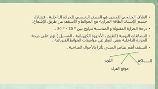 •‫فيتب‬ ، ‫الداخلية‬ ‫للحرارة‬ ‫الرئيسي‬ ‫المصدر‬ ‫هو‬ ‫للمبنى‬ ‫الخارجي‬ ‫الغالف‬‫ادل‬
‫اإلشعاع‬ ‫طريق‬ ‫عن‬ ‫األسقف‬ ‫و‬ ‫الحوائط‬ ‫مع‬ ‫الحرارية‬ ‫الطاقة‬ ‫اإلنسان‬ ‫جسم‬.
•‫بين‬ ‫تتراوح‬ ‫المناسبة‬ ‫و‬ ‫المقبولة‬ ‫الحرارة‬ ‫درجة‬°20-°30.
•‫اليومية‬ ‫النشاطات‬(‫الغسيل‬ ، ‫الكهربائية‬ ‫األجهزة‬ ، ‫الطبخ‬)‫د‬ ‫على‬ ‫ثؤثر‬‫رجة‬
‫الفيزيائية‬ ‫الحوائط‬ ‫مواصفات‬ ‫عن‬ ‫النظر‬ ‫بغض‬ ‫الداخلية‬ ‫الحرارة‬.
•‫المناخية‬ ‫باألحوال‬ ‫تأثرا‬ ‫المبنى‬ ‫عناصر‬ ‫أهم‬ ‫السقف‬.
‫اللون‬ ‫السماكة‬
‫العزل‬ ‫موقع‬
 