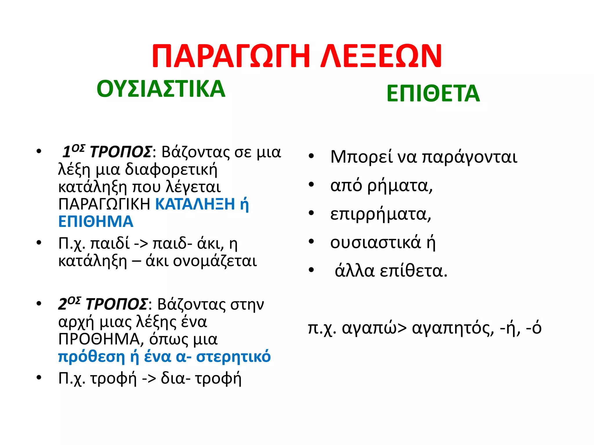 ΠΑΡΑΓΩΓΗ ΛΕΞΕΩΝ
ΟΥΣΙΑΣΤΙΚΑ
• 1ΟΣ ΤΡΟΠΟΣ: Βάζοντας σε μια
λέξη μια διαφορετική
κατάληξη που λέγεται
ΠΑΡΑΓΩΓΙΚΗ ΚΑΤΑΛΗΞΗ ή
ΕΠΙΘΗΜΑ
• Π.χ. παιδί -> παιδ- άκι, η
κατάληξη – άκι ονομάζεται
• 2ΟΣ ΤΡΟΠΟΣ: Βάζοντας στην
αρχή μιας λέξης ένα
ΠΡΟΘΗΜΑ, όπως μια
πρόθεση ή ένα α- στερητικό
• Π.χ. τροφή -> δια- τροφή
ΕΠΙΘΕΤΑ
• Μπορεί να παράγονται
• από ρήματα,
• επιρρήματα,
• ουσιαστικά ή
• άλλα επίθετα.
π.χ. αγαπώ> αγαπητός, -ή, -ό
 